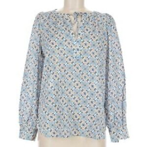 LOFT Women's Blue Brown Tunic Top Floral Abstract Metallic Tie Neck Sz Medium M